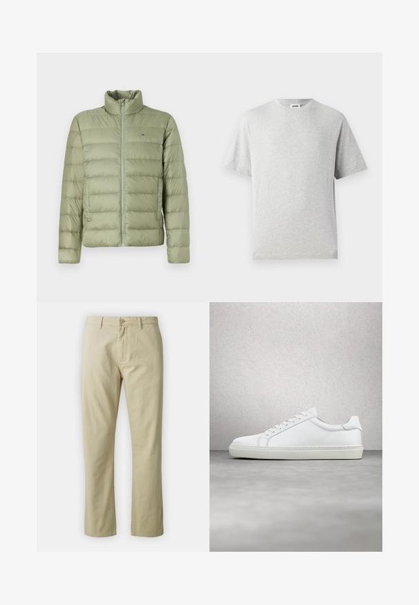 Doudoune légère verte avec un col haut, des coutures horizontales, une fermeture éclair sur le devant et un petit logo sur la poitrine gauche. Texture lisse et rembourrée.; T-shirt gris à manches courtes en tissu doux. Il présente un col rond, une coupe décontractée, et ne comporte ni motifs ni logos. Texture lisse sur l'ensemble.; Pantalon en coton beige avec une coupe droite, fermeture à bouton sur le devant et passants de ceinture. Texture lisse, sans motifs ou accents visibles.; Sneaker blanche avec une tige en cuir lisse et un profil bas. Présente un bout arrondi, six œillets et une semelle en caoutchouc texturé.