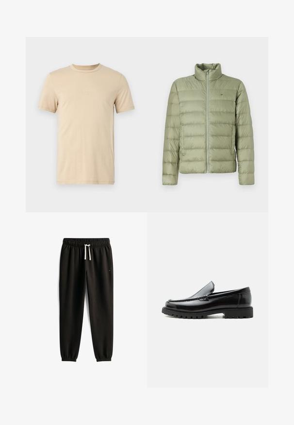 Vihreä puffer-takki, jossa on korkea kaulus, vaakasaumat, etuvetoketju ja pieni logo vasemmassa rinnassa. Tasainen, pehmeä ja pinnaltaan lämmittävä rakenne.; Beige puuvillane t-särk lühikeste varrukatega, ümmarguse kaelusega ja esiküljel reljeefne LOGO tekst. Sile tekstuur ja standardne sobivus.; Mustat collegehousut, joissa joustava vyötärö ja hihansuut, valkoinen kiristysnauha ja pieni merkki oikealla reidellä.; Mustat nahkaiset loafersit, joissa paksu kumipohja, ommeltu yläosa ja kohokuvioitu tuotemerkin nimi kannassa, esitetty sivuprofiilissa valkoisella taustalla.