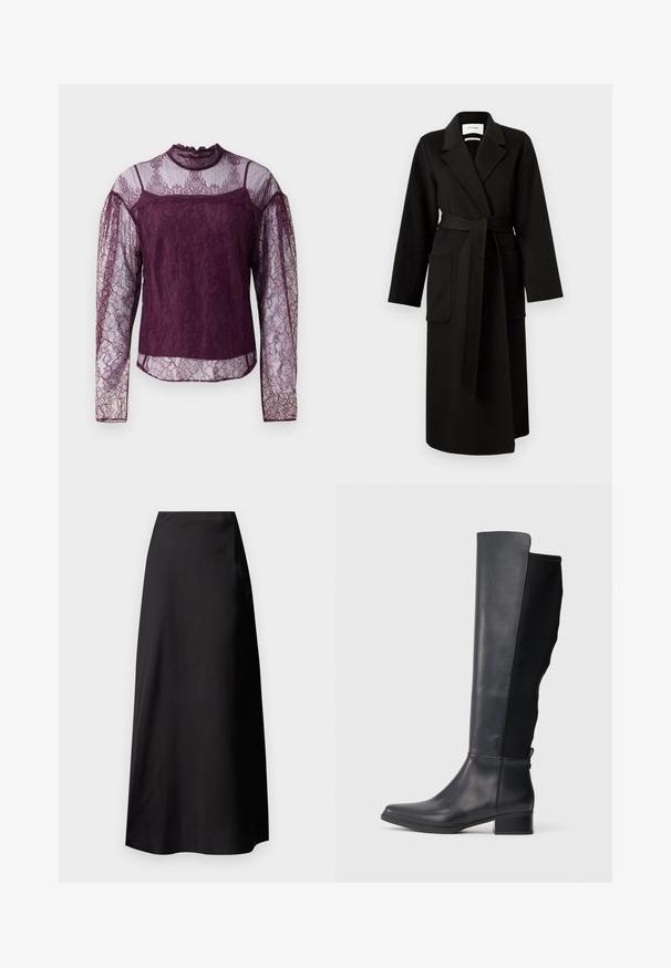 Sort uld indpakningsfrakke med lange ærmer, slagkrave, bælte med knude og to forlommer. Glat tekstur, gulvlængde design.; Lilla blonde bluse med lange ærmer og gennemsigtige sektioner på ærmerne og den øverste del af brystet, med høj hals og intrikate blomster mønstre.; Sort satin maxi nederdel med en glat tekstur, høj talje, flydende silhuet og uden synlige mønstre eller hardware-detaljer.; Høj sort læder- og stofstøvle med lav blokhæl og rund tå, vist i sideprofil på hvid baggrund.