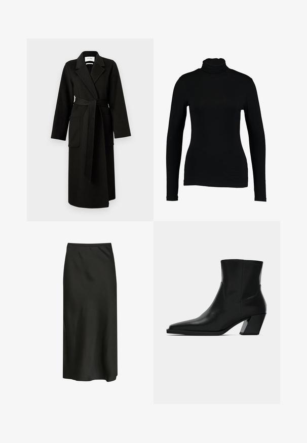 Manteau enveloppant en laine noire avec des manches longues, des revers à crans, une ceinture à nouer et deux poches avant. Texture lisse, design à longueur de sol.; T-shirt noir à manches longues et col roulé en tissu lisse, avec une coupe ajustée et un col haut, idéal pour les superpositions ou à porter seul.; Jupe midi noire fabriquée en tissu lisse et léger. Présente un design simple avec une taille élastique et une légère brillance.; Bottine en cuir noir avec un bout pointu, une silhouette élégante et un talon carré massif. Texture lisse avec des détails de couture minimalistes.