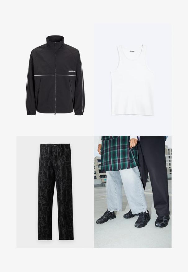 Veste légère noire avec un col haut, fermeture éclair à l'avant et rayures blanches sur les épaules et la poitrine. Poignets élastiques. Logo sur la poitrine.; Débardeur blanc sans manches avec col rond et étiquette de la marque Weekday à l'intérieur du col arrière, présenté à plat sur un fond clair.; Pantalon noir avec un motif abstrait texturé en gris foncé, doté d'une coupe droite, de poches standard et de garnitures métalliques à la taille.; Baskets de sport noires avec des accents en mesh et en caoutchouc. Portées avec un jean large gris clair et un haut à carreaux vert. Fond à surface plane.