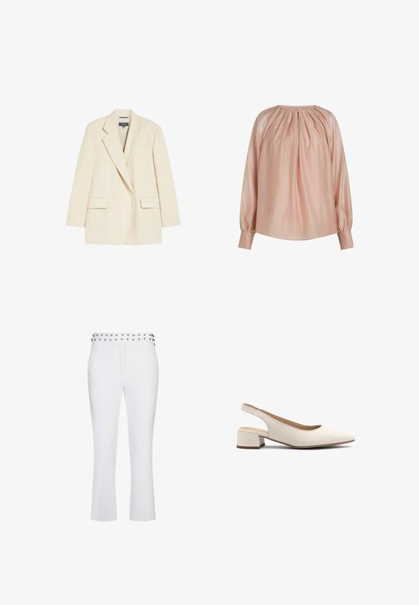 Cremefarvet skræddersyet blazer med klapkrave, to forlommer og en enkeltknaplukning. Fremstillet af en glat og struktureret stof.; Løs, langærmet bluse i lyserød satin med samlet udskæring og brede manchetter med subtil broderi.; Hvide cropped bukser med lige ben og en taljebånd dekoreret med to rækker sølvnitter.; Beige slingback hæle med spids tå, lav blokhæl og glat lædertekstur. Har udsparinger på siderne for åndbarhed.