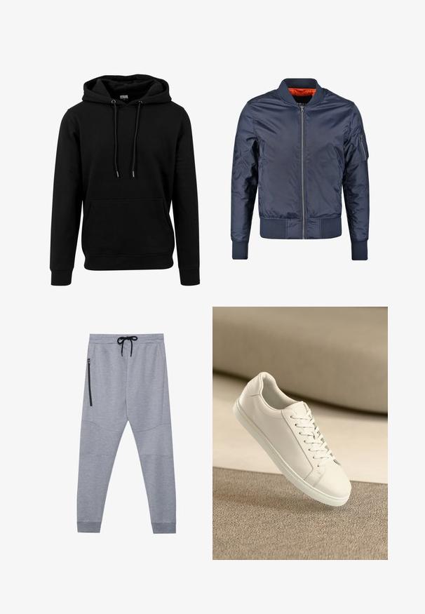 Mørkeblå bomberjakke med lynlås foran, ribbede manchetter og liv. Foret med orange stof; har en lomme på ærmet for ekstra detalje.; Sort hoodie lavet af blødt materiale, med en stor frontlomme, snoretræk og ribbede manchetter og kant. Enkel, ensfarvet design.; Grå sweatpants lavet af blødt stof med snor i taljen, tætsiddende ben og en sidelomme med lynlås til sikker opbevaring.; Hvide lædersneakers med hvide snørebånd, præsenteret på en beige tekstureret overflade og med en blødt uskarp baggrund.