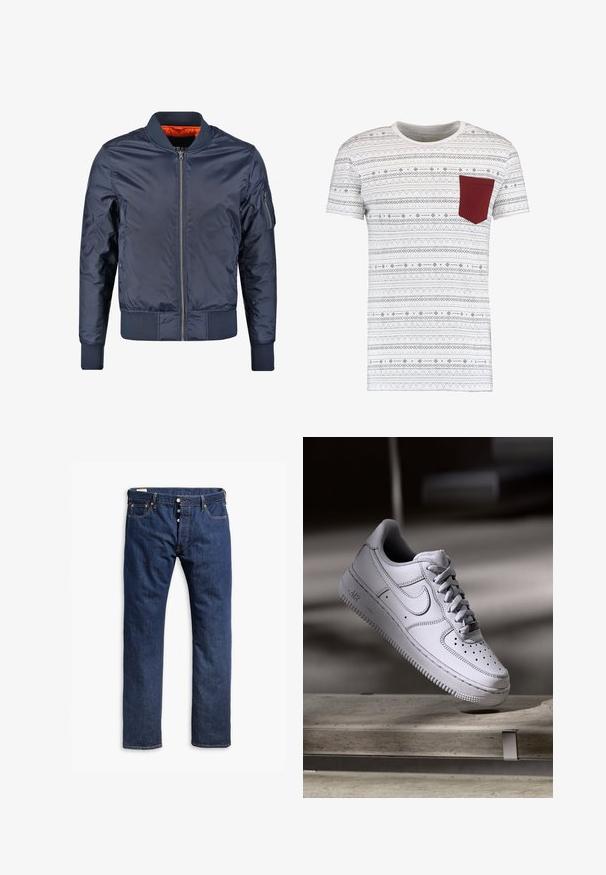 Mørkeblå bomberjakke med lynlås foran, ribbede manchetter og liv. Foret med orange stof; har en lomme på ærmet for ekstra detalje.; Hvid kortærmet t-shirt med et geometrisk mønster i marineblå, med en bordeaux brystlomme. 100% bomuldsstof, rund halsdesign.; Mørkeblå denim jeans med lige ben, kontrastsyninger, knappelukning og fem lomme-stil.; Hvid læder Nike Air Force 1 sneaker med perforeret tå, flade snørebånd og tekstureret gummisål med "AIR" branding på siden.