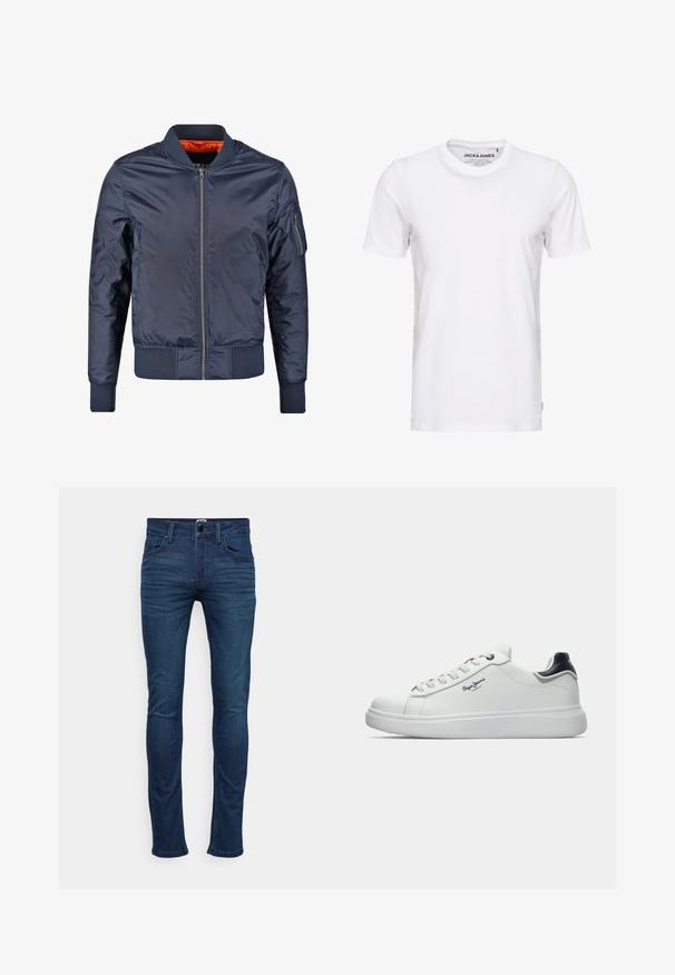 Chaqueta bomber en color navy con cierre frontal, puños y cinturilla acanalados. Forrada con tejido naranja; cuenta con un bolsillo en la manga para un detalle adicional.; Camiseta de manga corta blanca, hecha de algodón, con cuello redondo y un diseño sencillo. Etiqueta de la marca visible en la zona del cuello. Sin patrones ni detalles.; Jeans ajustados de color azul oscuro, fabricados en denim, que presentan un diseño clásico de cinco bolsillos, cierre frontal de botón y un ligero desgaste en los muslos.; Zapatilla baja blanca con acento negro en el talón, cordones blancos y logo "Pepe Jeans London" en el lateral, mostrada de perfil sobre un fondo blanco.
