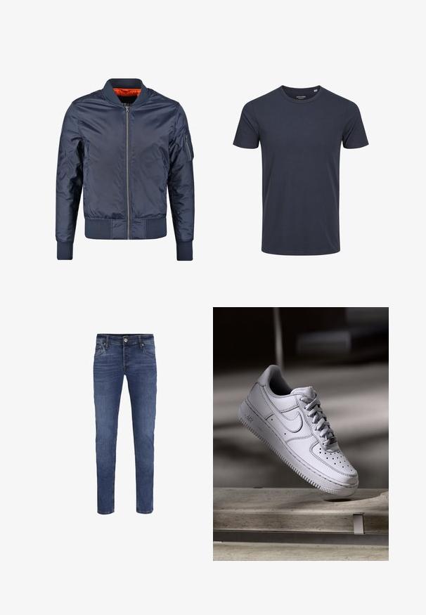 Mørkeblå bomberjakke med lynlås foran, ribbede manchetter og liv. Foret med orange stof; har en lomme på ærmet for ekstra detalje.; Marineblå kortærmet t-shirt lavet af bomuld med rund halsudskæring og lige kant. Enkel, ensfarvet design uden yderligere mønstre eller accenter.; Slim-fit blå denim jeans til mænd med knap- og lynlåslukning, for- og baglommer samt subtile blege detaljer.; Hvid læder Nike Air Force 1 sneaker med perforeret tå, flade snørebånd og tekstureret gummisål med "AIR" branding på siden.
