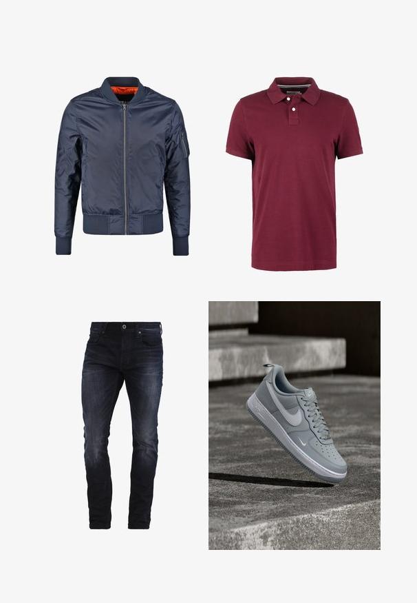 Mørkeblå bomberjakke med lynlås foran, ribbede manchetter og liv. Foret med orange stof; har en lomme på ærmet for ekstra detalje.; Burgundy polo skjorte, korte ærmer, knapstolpe, ribbet krave, lavet af bomuldsstof, glat tekstur, enkelt design uden mønstre.; Mørkeblå slim-fit jeans med let slid på lårene og knæene, med forlommer, bæltestropper og knaplukning.; Grå Nike Air Force 1 sneaker med hvid Swoosh-logo, svævende over en tekstureret betonoverflade med trapper i baggrunden.