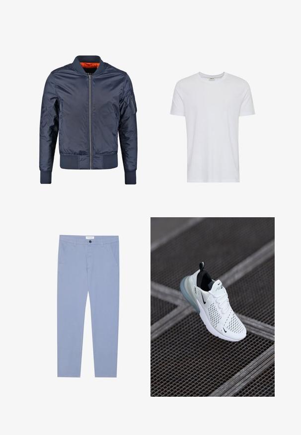 Mørkeblå bomberjakke med lynlås foran, ribbede manchetter og liv. Foret med orange stof; har en lomme på ærmet for ekstra detalje.; Plain hvid kortærmet t-shirt med rund hals, vist på en hvid baggrund, med et lille nakke-label, der viser mærket “Solid”.; Lyseblå chinos lavet af blødt stof, med to forlommer og knaplukning. Straight-leg design med rene linjer.; Hvide atletiske sneakers med perforeret mesh-overdel, sorte accenter, synlige snørebånd og en gennemsigtig luftdæmpningssål.