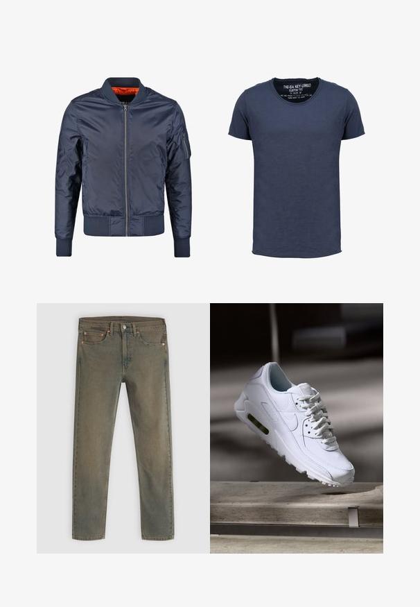 Marineblauer Bomberjacke mit Reißverschluss vorne, gerippten Bündchen und Saum. Ausgekleidet mit orangefarbigem Stoff; verfügt über eine Ärmeltasche für zusätzliche Details.; Key Largo T BREAD NEW - T-Shirt basic - dark blue; Dunkelgrüne Denim-Jeans mit geradem Beinanschnitt, fünf Taschen und Kupferhardware-Akzenten. Die verblasste Textur verleiht ein abgenutztes Aussehen.; Weiße Lederturnschuhe mit strukturierten Oberflächen, gepolstertem Kragen und sichtbarer Luftpolsterung in der Sohle. Verfügt über Schnürsenkel und ein minimalistisches Design.