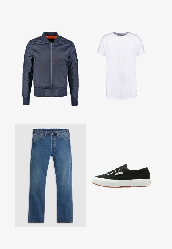 Chaqueta bomber en color navy con cierre frontal, puños y cinturilla acanalados. Forrada con tejido naranja; cuenta con un bolsillo en la manga para un detalle adicional.; Camiseta blanca lisa de manga corta con puños remangados y cuello redondo, mostrada sobre un fondo blanco.; Vaqueros de mezclilla azul de pierna recta con cinco bolsillos, presillas para el cinturón y un cierre frontal con botón y cremallera sobre un fondo liso.; Zapatilla de lona negra con suela de goma blanca y suela de goma marrón. Presenta puntera redonda, diseño de cordones y pequeña etiqueta de logo en el lateral.