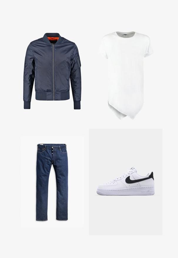 Mørkeblå bomberjakke med lynlås foran, ribbede manchetter og liv. Foret med orange stof; har en lomme på ærmet for ekstra detalje.; Kortærmet hvid t-shirt med rund halsudskæring og en asymmetrisk nederste kant, lavet af bomuldsblanding med en glat tekstur.; Mørkeblå denim jeans med lige ben, kontrastsyninger, knappelukning og fem lomme-stil.; Hvide lædersneakers med en struktureret sort Swoosh, flade snørebånd og en gummisål med et rillemønster. "AIR" er præget på hælen.