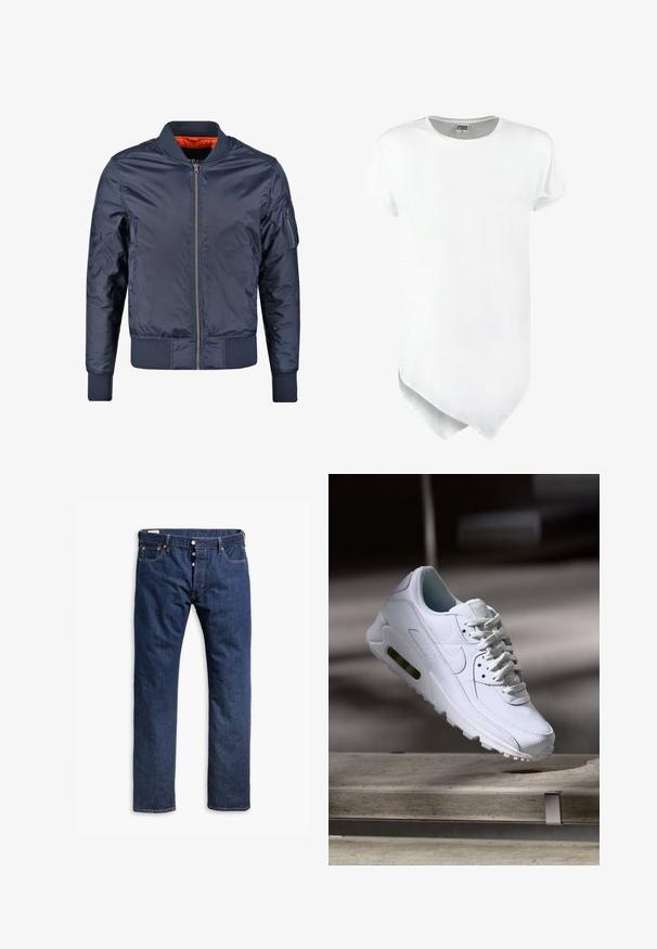 Veste de bombardier marine avec fermeture éclair à l'avant, poignets et taille côtelés. Doublée de tissu orange ; possède une poche sur la manche pour un détail supplémentaire.; T-shirt à manches courtes blanc avec un col rond et un ourlet asymétrique, fabriqué en tissu mélangé coton avec une texture lisse.; Jean en denim bleu foncé avec une coupe droite, des coutures contrastées, une fermeture à boutons et un style à cinq poches.; Baskets blanches en cuir avec des surfaces texturées, un col rembourré et un amorti d'air visible dans la semelle. Elles possèdent des lacets et un design minimaliste.