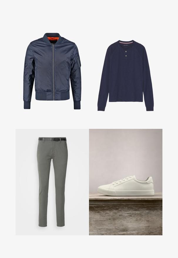 Mørkeblå bomberjakke med lynlås foran, ribbede manchetter og liv. Foret med orange stof; har en lomme på ærmet for ekstra detalje.; Langærmet, mørkeblå henley-shirt med rund halsudskæring, to-knaps lukning og ribbede ærmekanter. Blød tekstur, afslappet design.; Grå bomulds chinos med slim fit, der har et sort bælte, to sidelommer og et enkelt design. Blød tekstur uden synlige mønstre.; Hvide snørresneakers svævende over en træbænk med grønne planter i baggrunden, der fremhæver skodesign og tekstur.