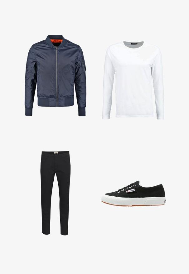 Veste de bombardier marine avec fermeture éclair à l'avant, poignets et taille côtelés. Doublée de tissu orange ; possède une poche sur la manche pour un détail supplémentaire.; T-shirt blanc à manches longues en coton, avec un col rond et une texture lisse. Sans motifs ni accents. Design simple.; Pantalon noir en tissu solide, avec une coupe standard, un design à cinq poches et une fermeture à bouton. Élégant et polyvalent.; Baskets en toile noires avec semelle en caoutchouc blanc et semelle extérieure en caoutchouc brun. Présente un bout rond, un design à lacets et une petite étiquette logo sur le côté.