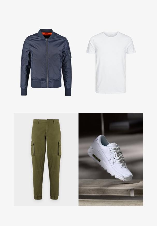 Mørkeblå bomberjakke med lynlås foran, ribbede manchetter og liv. Foret med orange stof; har en lomme på ærmet for ekstra detalje.; Rundhals kortærmet t-shirt i ensfarvet hvid, lavet af blød bomuld, har et simpelt design uden synlige mønstre eller detaljer.; Olivengrønne cargo-bukser med elastiske manchetter, der har to sidelommer, en frontlukning med knap og et glat, let materiale.; Hvide lædersneakers med teksturerede overflader, polstret krave og synlig luftpolstring i sålen. Har snørrebånd og et minimalistisk design.