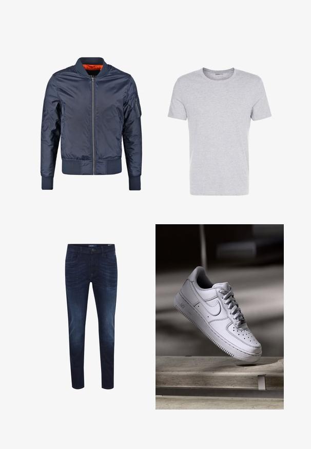 Chaqueta bomber en color navy con cierre frontal, puños y cinturilla acanalados. Forrada con tejido naranja; cuenta con un bolsillo en la manga para un detalle adicional.; Camiseta de algodón gris con cuello redondo, mangas cortas y un diseño liso, que presenta una textura suave y lisa, sin patrones ni adornos visibles.; Jeans de mezclilla azul oscuro con un corte slim, diseño de cinco bolsillos, sutil desgaste en la tela, cierre de botón y etiqueta con el logo en la parte trasera de la cinturilla.; Zapatilla Nike Air Force 1 de cuero blanco que presenta una puntera perforada, cordones planos y una suela de goma texturizada con la marca "AIR" en el lateral.
