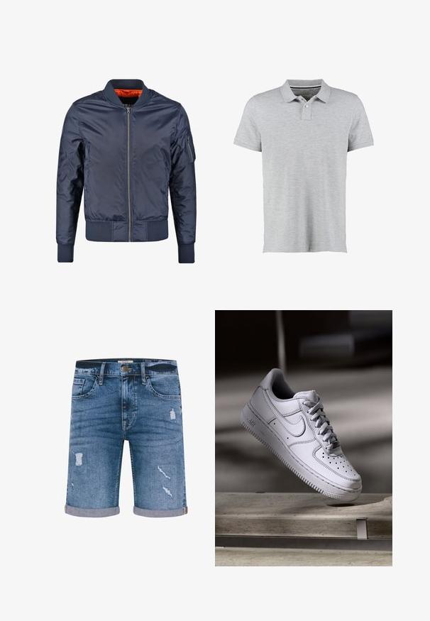 Marineblauer Bomberjacke mit Reißverschluss vorne, gerippten Bündchen und Saum. Ausgekleidet mit orangefarbigem Stoff; verfügt über eine Ärmeltasche für zusätzliche Details.; Grau Polohemd mit kurzen Ärmeln, aus weichem Stoff gefertigt, mit einer Zwei-Knopf-Leiste und einem diskreten gerippten Kragen.; Denim-Shorts in Mittelblau mit fransigen Details, umgeschlagenen Säumen, fünf Taschen und einem Metallknopfverschluss. Normale Passform.; Weißer Nike Air Force 1 Sneaker aus Leder mit perforierter Zehenpartie, flachen Schnürsenkeln und strukturierter Gummisohle mit "AIR"-Branding an der Seite.