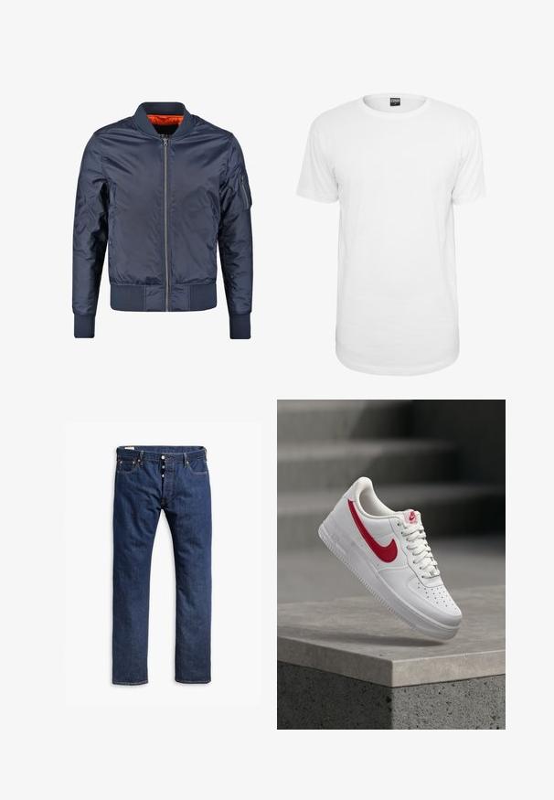 Marine bomberjack met een ritssluiting aan de voorkant, ribgebreide manchetten en een ribgebreide tailleband. Gevoerd met oranje stof; heeft een zak op de mouw voor extra detail.; Witte kortemouwen T-shirt van katoen, met een klassieke ronde hals, een relaxte pasvorm en geen zichtbare patronen of logo's.; Donkerblauwe denim jeans met een recht pijpdesign, contrasterende stiksels, een knopenrits en vijf-pocketstijl.; Witte Nike Air Force 1 sneaker met rood swoosh-logo zwevend boven een betonnen rand en trappen op de achtergrond.