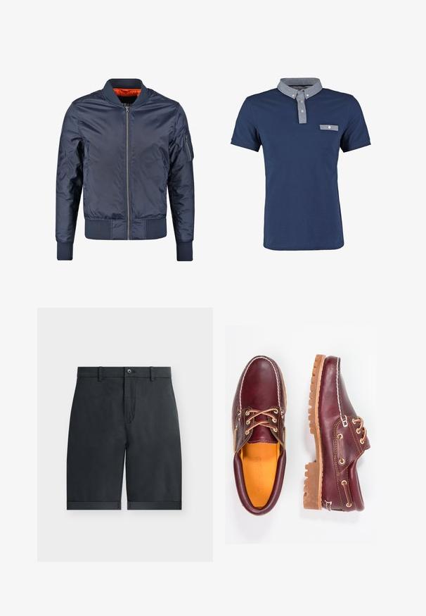 Chaqueta bomber en color navy con cierre frontal, puños y cinturilla acanalados. Forrada con tejido naranja; cuenta con un bolsillo en la manga para un detalle adicional.; Polo shirt navy de algodón, con un cuello chambray en contraste, un pequeño bolsillo en el pecho y mangas cortas. Ajuste clásico y textura suave.; Pantalones cortos negros hasta la rodilla con dobladillos vuelta, cierre con botón, trabillas para cinturón y diseño frontal plano sobre un fondo blanco liso.; Zapatos de cuero burdeos con suelas de goma marrón, puntera redonda, costuras blancas y ojales dorados. El interior cuenta con un forro amarillo.