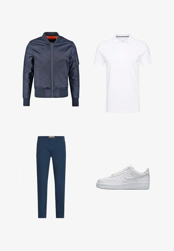 Chaqueta bomber en color navy con cierre frontal, puños y cinturilla acanalados. Forrada con tejido naranja; cuenta con un bolsillo en la manga para un detalle adicional.; Camisa polo blanca de algodón, con un cuello tradicional, mangas cortas y tapeta de tres botones con sutiles detalles en azul marino en el interior.; Pantalones de hombre con corte ajustado en azul marino, con pasadores para cinturón, cierre frontal de botón y bolsillos laterales, presentados sobre un fondo blanco.; Zapatilla Nike Air Force 1 de perfil bajo completamente blanca, con puntera perforada, cierre de cordones y el logo de Nike en relieve en el lateral.