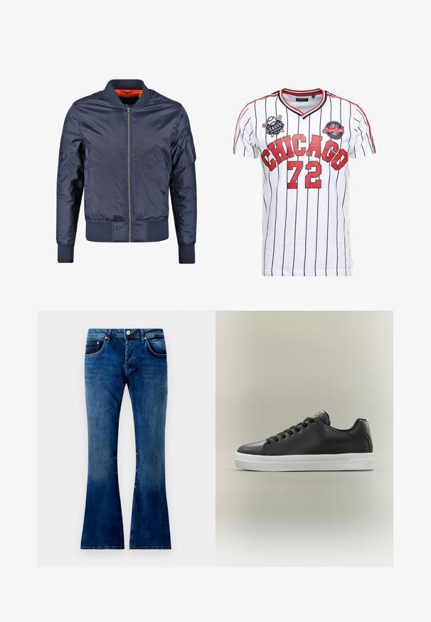 Marine bomberjack met een ritssluiting aan de voorkant, ribgebreide manchetten en een ribgebreide tailleband. Gevoerd met oranje stof; heeft een zak op de mouw voor extra detail.; Witte korte mouwen baseball shirt met zwarte strepen, voorzien van "CHICAGO" in het rood en het nummer "72." Inclusief twee geborduurde patches op de borst.; Uitlopende blauwe spijkerbroek met een middelmatige wassing, voorzien van vijf zakken, een knoopsluiting en zichtbare stiksels. Fijne textuur met lichte vervaging.; Zwart leren lage sneaker met zwarte veters en witte rubberen zool op een neutrale achtergrond, zijaanzicht.