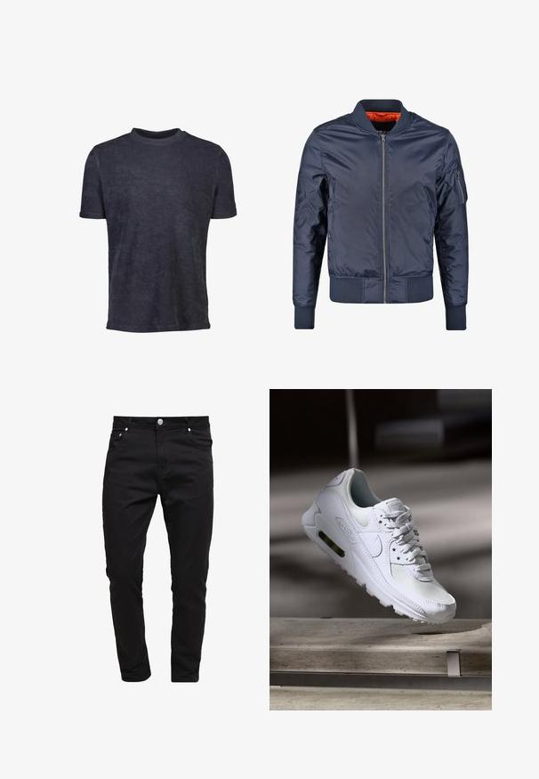 Marineblauer Bomberjacke mit Reißverschluss vorne, gerippten Bündchen und Saum. Ausgekleidet mit orangefarbigem Stoff; verfügt über eine Ärmeltasche für zusätzliche Details.; Dunkelblaues T-Shirt mit kurzen Ärmeln aus weichem Stoff. Mit Rundhalsausschnitt und glatter Textur, mit minimaler Ausstattung.; Schwarze Jeans aus Denim-Stoff, schlanke Passform, Fünf-Taschen-Stil, Metallknopfverschluss, mit Steppnähten und einer glatten Textur.; Weiße Nike Air Max 90 Sneaker mit einem Obermaterial aus Mesh und Leder, durchlässigem Zehenbereich und einer sichtbaren Air-Einheit in der Ferse.