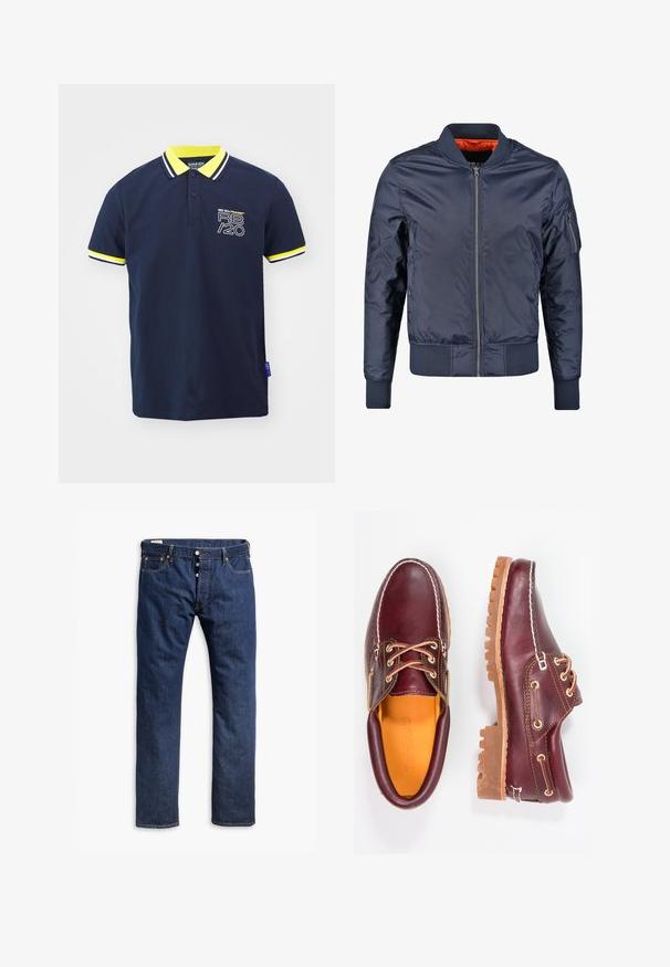 Mørkeblå bomberjakke med lynlås foran, ribbede manchetter og liv. Foret med orange stof; har en lomme på ærmet for ekstra detalje.; Mørkeblå polo shirt med gul og hvid stribet krave og ærmeaccent. Har Red Bull Racing-logoet på forsiden. Kortærmet design.; Mørkeblå denim jeans med lige ben, kontrastsyninger, knappelukning og fem lomme-stil.; Bordeaux lædersko med brune gummisåler, rund tå, hvid syning og gyldne snøringer. Indersiden har et gult for.