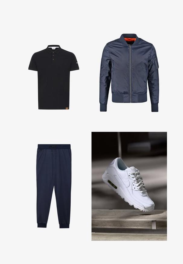 Marine bomberjack met een ritssluiting aan de voorkant, ribgebreide manchetten en een ribgebreide tailleband. Gevoerd met oranje stof; heeft een zak op de mouw voor extra detail.; Zwarte polo met een effen kleur, voorzien van een klassieke kraag, een knoopsluiting met drie bruine knoppen en een getextureerde patch met logo op de mouw.; Marineblauwe sportieve joggers van een gladde stof, met een elastische tailleband met trekkoord, zijzakken en geribbelde boorden.; Witte leren sneaker met gestructureerde oppervlakken, gevoerde kraag en zichtbare luchtbescherming in de zool. Heeft veters en een minimalistisch ontwerp.