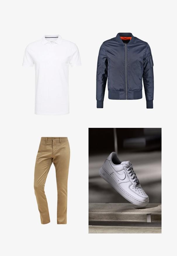 Veste de bombardier marine avec fermeture éclair à l'avant, poignets et taille côtelés. Doublée de tissu orange ; possède une poche sur la manche pour un détail supplémentaire.; Polo shirt blanc en coton, avec un col traditionnel, des manches courtes et une patte de boutonnage à trois boutons, avec des accents navy discrets à l'intérieur.; Chinos beiges avec une texture lisse, coupe slim, fermeture à bouton et passants de ceinture, présentant un design de poche avant standard.; La basket Nike Air Force 1 en cuir blanc présente un embout perforé, des lacets plats et une semelle en caoutchouc texturée avec le logo « AIR » sur le côté.