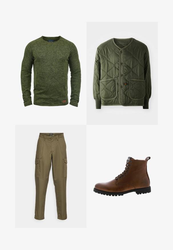 Chaqueta acolchada verde oliva con cuello redondeado, cierre frontal de botones y dos grandes bolsillos de parche con un patrón texturizado.; Suéter verde hecho de tejido de punto texturizado, con cuello redondo, mangas largas y un pequeño parche de logo marrón en la parte inferior delantera.; Pantalones cargo en verde oliva con corte recto, bolsillos frontales y bolsillos laterales. Fabricados con una tela duradera de textura suave.; Botas de cuero marrón hasta el tobillo con acabado texturizado, ojales de metal y suela de goma negra con protuberancias. Presenta una lengüeta en la parte posterior para facilitar su uso.