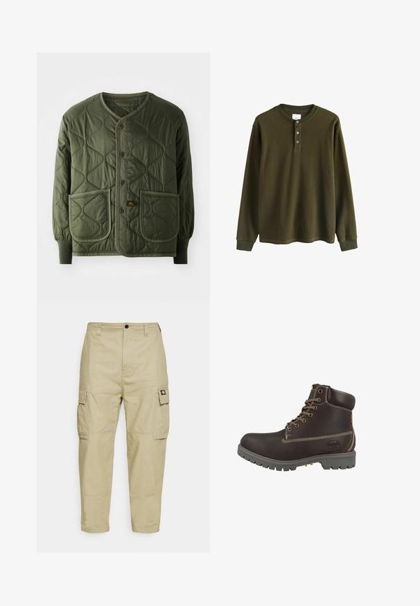 Chaqueta acolchada verde oliva con cuello redondeado, cierre frontal de botones y dos grandes bolsillos de parche con un patrón texturizado.; Camisa henley de punto waffle verde oliva de manga larga con puños acanalados y tres botones en el cuello.; Pantalones cargo beige hechos de una tela duradera, con dos bolsillos laterales, cierre de botón y piernas ajustadas con una textura suave.; Bota corta de cuero marrón con suela de goma gris, puntera reforzada, detalles cosidos y ojales metálicos para los cordones. Detalle de marca lateral visible.