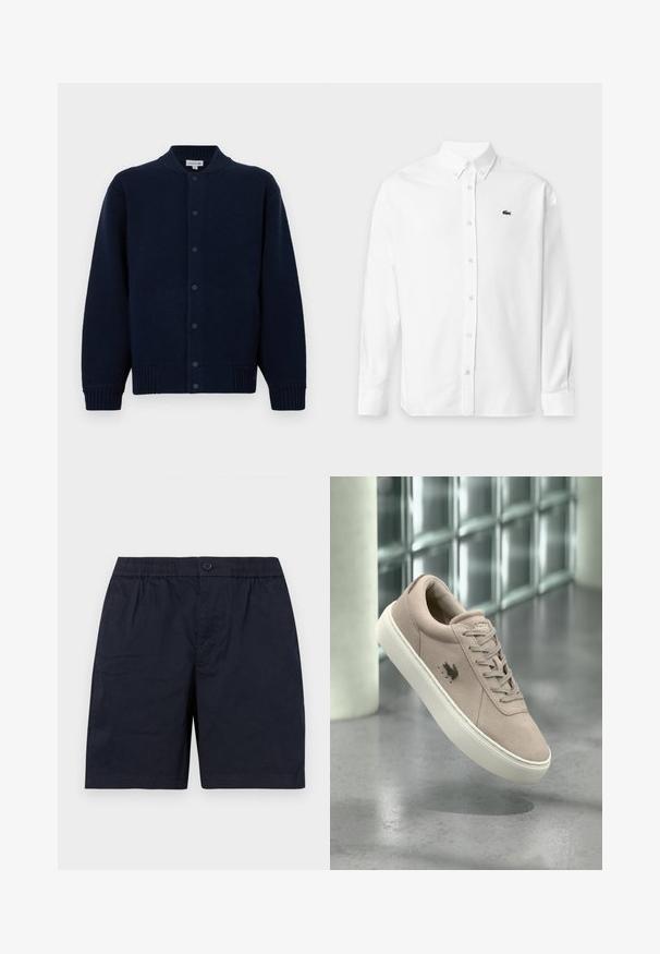 Cardigan tricoté marine avec un col côtelé, fermeture à boutons sur le devant et poches latérales. Présente un logo discret sur la poitrine gauche.; Chemise blanche à manches longues avec boutons, col boutonné et petit logo crocodile noir sur la poitrine gauche.; Shorts décontractés bleu marine avec taille élastique, bouton à l'avant et poches latérales, posés à plat sur un fond blanc.; Baskets en daim beige clair avec semelle blanche, design à lacets et logo oiseau noir sur le côté, présentées devant un fond moderne en blocs de verre.