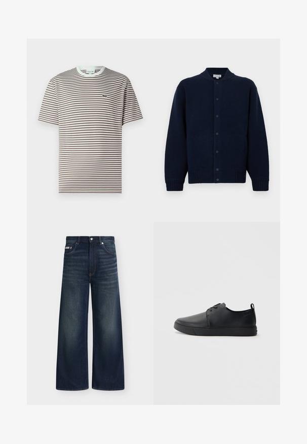 Marineblå strikket cardigan med ribbet krave, frontlukning med knapper og sidelommer. Har et diskret logo på venstre bryst.; Kortærmet t-shirt med rund hals i brune og hvide vandrette striber og en lille grøn krokodille-logo på venstre bryst.; Mørkeblå jeans med vide ben, forlommer, bæltestropper, knaplukning og subtil falming på lår og knæ.; Sorte lædersneakers med en glat finish, rund tå, tonalt syning, snøring foran og en flad gummisål. Løkke ved hælen.