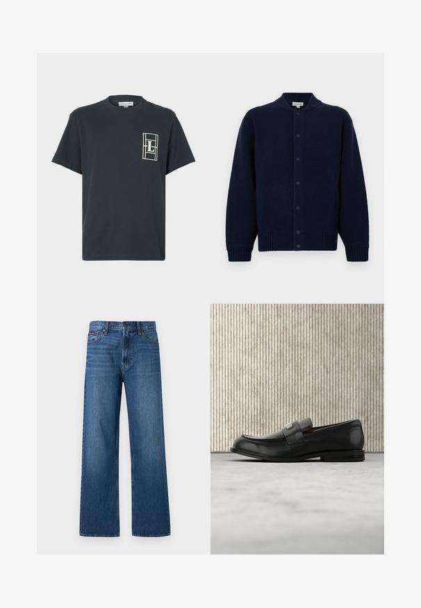 Cardigan tricoté marine avec un col côtelé, fermeture à boutons sur le devant et poches latérales. Présente un logo discret sur la poitrine gauche.; T-shirt bleu marine à manches courtes et col rond avec un logo rectangulaire blanc comprenant la lettre "L" sur le côté gauche de la poitrine.; Jean bleu à taille haute et coupe droite, avec bouton et fermeture éclair à l'avant, cinq poches, et un petit patch de marque sur la poche droite.; Mocassin en cuir noir avec une plaque de marque en métal reposant près d'une table ronde marron sur un sol recouvert de moquette beige.