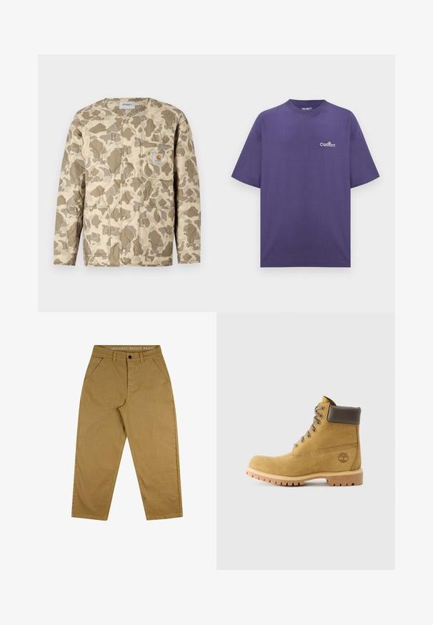 Vanishkappa beige takki, jossa on ruskea ja tan camouflage-kuvio, varustettuna nepparilla etuosassa, läppätasku sekä sivutaskut.; Liila ylisuuri Carhartt T-paita, jossa on lyhyet hihat ja pieni valkoinen logo vasemmassa rinnassa yksiväristä taustaa vasten.; Housut, jotka ovat väljät ja valmistettu kestävästä puuvillasta. Ominaisuuksiin kuuluu napitus, viisi taskua ja vyötärönauhaan ommeltu etiketti, jossa on teksti.; Tan suede nilkkurit ruskeilla nahka-akselilla, pyöreällä varvalla, harmailla nauhoilla ja uritetulla kumipohjalla, jossa on puu-logo sivussa.
