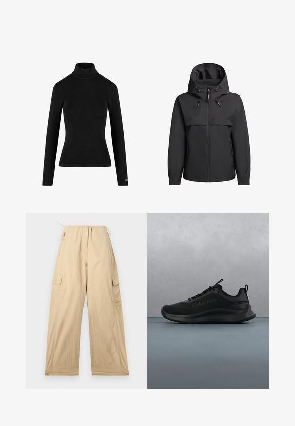 Sort vandtæt jakke med lynlås foran, justerbar hætte og lynlåslommer på siden. Har en glat overflade og minimalistisk design.; Sort ribbet langærmet turtleneck med en lynlås i kraven og tætsiddende silhuet, lavet af et blødt, strækbart stof. Minimalistisk design.; Beige cargo bukser med relaxed fit, der har en snor i taljen, to sidelommer og et glat, let materiale.; Sort Calvin Klein-sneaker med tyk sål, svævende over trægulve med små sten, sløret væg og grønne planter i baggrunden.