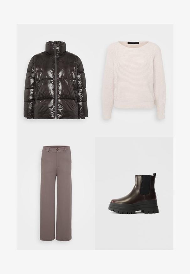 Doudoune noire avec une finition brillante, col montant et fermeture éclair. Comprend de grandes sections matelassées et des poches latérales boutonnées.; Pull en maille beige clair avec un col rond, des manches longues et des poignets côtelés. Présente un motif texturé sur l'ensemble du tissu.; Pantalons à jambes larges en tissu brun lisse et discret, avec des poches avant, une fermeture à bouton et une taille ajustée.; Bottine en cuir marron avec des panneaux élastiques sur les côtés, semelle plateforme noire épaisse et tirette. Présente une finition lisse et un motif de semelle robuste.
