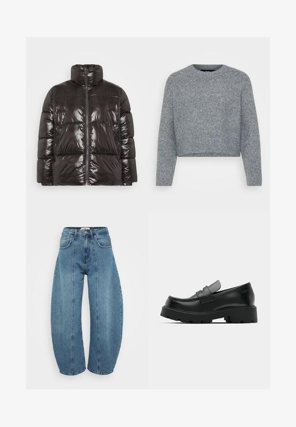 Chaqueta acolchada negra con un acabado brillante, cuello alto y cierre de cremallera. Presenta grandes secciones acolchadas y bolsillos laterales con botones.; Suéter gris, corto, de punto texturizado, con un cuello redondo y mangas largas. El material parece suave y cálido.; Vaqueros de tiro alto en azul claro, fabricados en denim, con corte de pata ancha, cinco bolsillos y detalles de costura. Textura suave con un acabado limpio.; Mocasines de cuero negro con suela gruesa y texturizada, que presentan una correa sobre el empeine y un acabado suave y pulido.