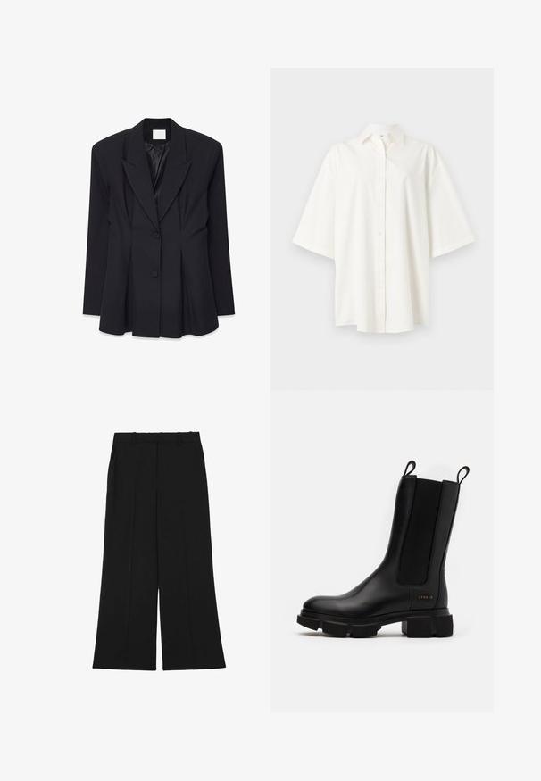 Sort skræddersyet blazer med en struktureret design, spidse lapel, to knapper og plisseret ryg. Fremstillet af et glat stof med en mat overflade.; Hvid kortærmet skjorte med knapper, krave, lige kant og løs pasform på en ensfarvet lys baggrund.; Sorte bukser med vide ben lavet af et glat stof. De har høj talje, dobbelt forreste læg og bæltestropper. Ingen synlige lommer eller pynt.; Sort læder ankelstøvle med elastiske sidepaneler, chunky gummisål og trækstropper. Inkluderer diskret branding præget på siden.