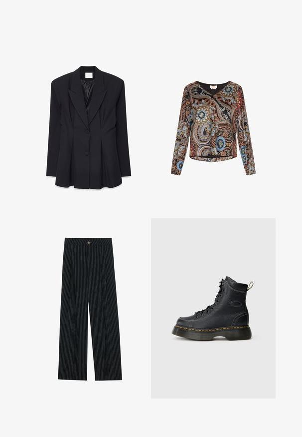 Blazer negro ajustado con un diseño estructurado, solapas puntiagudas, dos botones y parte trasera con pliegues. Fabricado con un tejido suave y un acabado mate.; Blusa de manga larga con cuello en V en negro, con un patrón paisley que presenta acentos en azul, naranja y verde. Textura suave, corte relajado.; Pantalones de pierna ancha a rayas negras, fabricados con una tela texturizada, que cuentan con un cierre frontal de botón y un diseño plisado para mayor interés.; Botas de cuero negro con cordones y acabado texturizado, tobillo acolchado, costuras amarillas y suela gruesa, con una tira en la parte trasera.