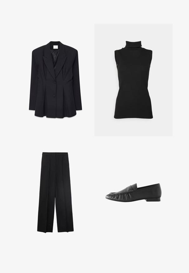 Čierny na mieru šitý blazer so štruktúrovaným dizajnom, špicatými klopami, dvoma gombíkmi a skladaným chrbtom. Vyrobený z hladkej tkaniny s matným povrchom.; Čierny bezrukávový rolák vyrobený z rebrovanej látky, s vysokým golierom a priliehavým strihom. Hladká textúra s minimálnym zdobením.; Široké čierne nohavice s hladkou textúrou, s plisovaním vpredu a vysokým pásom. Bez viditeľných vreciek alebo kovových komponentov.; Čierny kožený pánsky mokasín s nízkym opätkom, plisovaným predným detailom a hladkým prevedením na bokoch a vzadu.