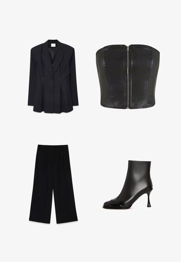 Blazer negro ajustado con un diseño estructurado, solapas puntiagudas, dos botones y parte trasera con pliegues. Fabricado con un tejido suave y un acabado mate.; Top de corsé de cuero negro con un ajuste estructurado. Presenta una cremallera central de plata y detalles de costura a lo largo del cuerpo. Textura suave.; Pantalones de pierna ancha negros, hechos de un tejido suave, con pliegues en la parte delantera, cintura de altura media y sin cierres o adornos visibles.; Botines negros de cuero suave con punta brillante, presentan un tacón afilado y un diseño elegante y ajustado.