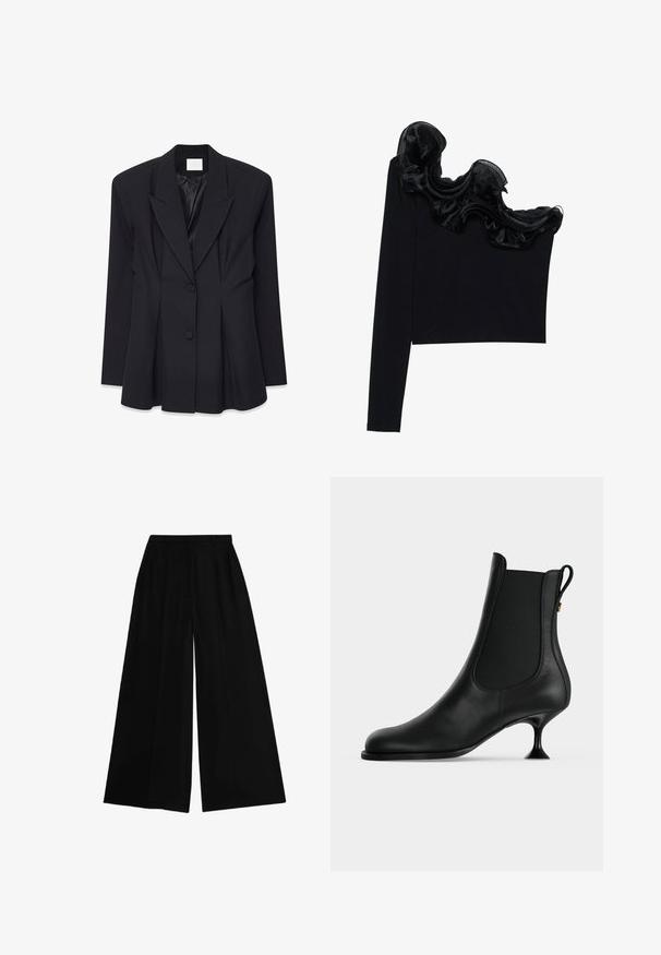 Sort skræddersyet blazer med en struktureret design, spidse lapel, to knapper og plisseret ryg. Fremstillet af et glat stof med en mat overflade.; Sort en-skulder top med et rynket, gennemsigtigt overlay langs halsudskæringen, lavet af letvægtsstof med en glat tekstur.; Sorte vidde bukser med høj talje, lavet af et glat stof, med pressede folder for struktur og en skræddersyet pasform.; Sort læderankelstøvle med spids snude, elastiske sidepaneler og en slank, udvidet kittenhæle på en ensartet lys baggrund.