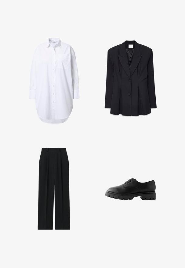 Blazer noir ajusté avec un design structuré, des revers en pointe, deux boutons et un dos plissé. Fabriqué à partir d'un tissu lisse avec une finition mate.; Chemise blanche oversize boutonnée, manches longues, col pointu, poche avant et ourlet légèrement arrondi.; Reiss PETITE FIT - EDEN ELASTICATED WAIST WIDE - Pantalon classique - navy; Chaussure en cuir noir avec un bout rond, six œillets, lacets plats et une semelle en caoutchouc épaisse avec des motifs de semelle profonds.