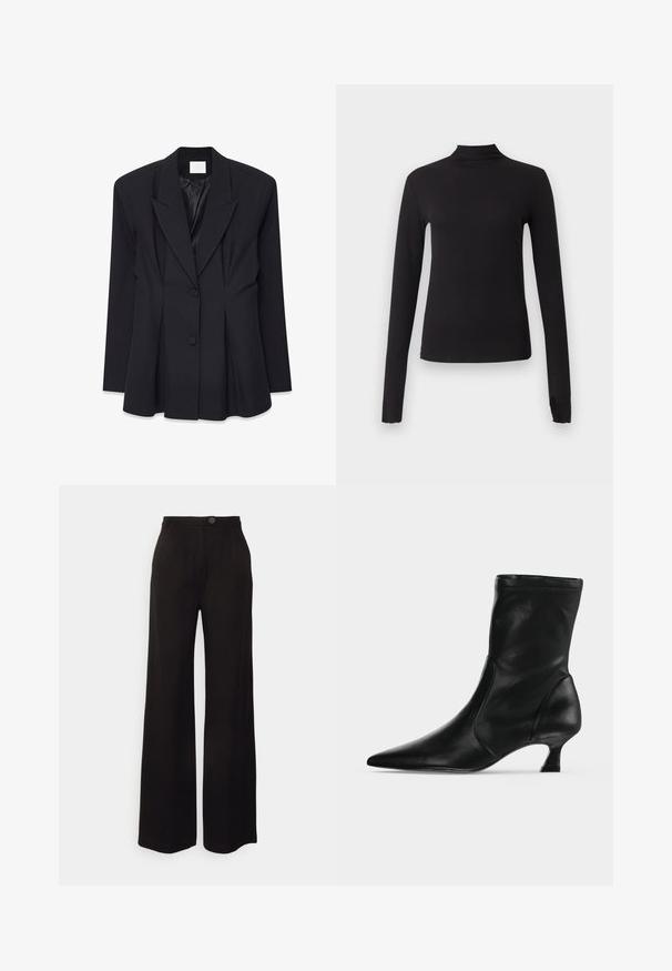 Sort skræddersyet blazer med en struktureret design, spidse lapel, to knapper og plisseret ryg. Fremstillet af et glat stof med en mat overflade.; Sort langærmet tætsiddende top med høj hals, vist på ensartet lysegrå baggrund.; Sorte vide ben bukser lavet af et glat stof, med en frontknaplukning og to frontfolder for ekstra detaljer.; Sort læderstøvle til midt på læggen med spids tå og lav kittenhæl, vist fra siden på en ensartet lys baggrund.