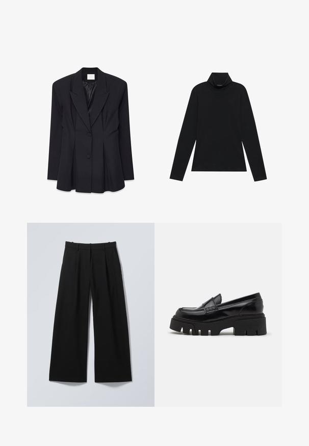 Čierny na mieru šitý blazer so štruktúrovaným dizajnom, špicatými klopami, dvoma gombíkmi a skladaným chrbtom. Vyrobený z hladkej tkaniny s matným povrchom.; Čierny dlhý rukáv s rolákom. Mäkko tkaniny, priliehavý strih, vysoký golier a bočné švy. Jednoduchý a všestranný štýl vhodný na vrstvenie.; Čierne široké nohavice s opaskovými očkami, prednými skladmi a bočnými vreckami, položené na svetlom pozadí.; Čierne kožené loafers so robustnou štruktúrovanou platformovou podrážkou a ozdobným remienkom cez hornú časť. Hladký, lesklý povrch.