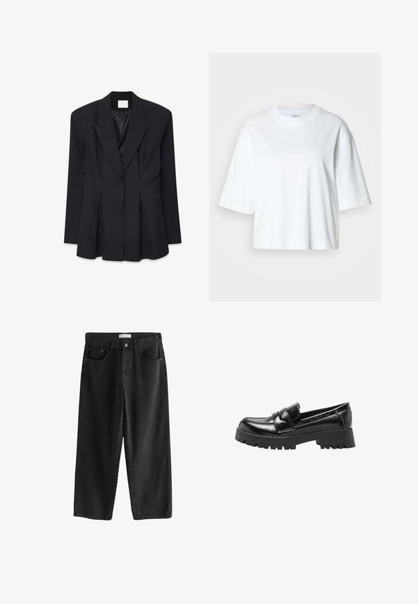 Sort skræddersyet blazer med en struktureret design, spidse lapel, to knapper og plisseret ryg. Fremstillet af et glat stof med en mat overflade.; Hvid cropped t-shirt med korte ærmer, rund halsudskæring, lavet af blødt bomuldsmateriale, med et enkelt og rent design.; Sorte denim bukser med brede ben og mellemhøj talje, der har to forlommer, en knappelukning og subtile syningsdetaljer.; Sort læderloafer med kraftig sål og lav hæl, med en rem over overdelen og et mokkådesign.
