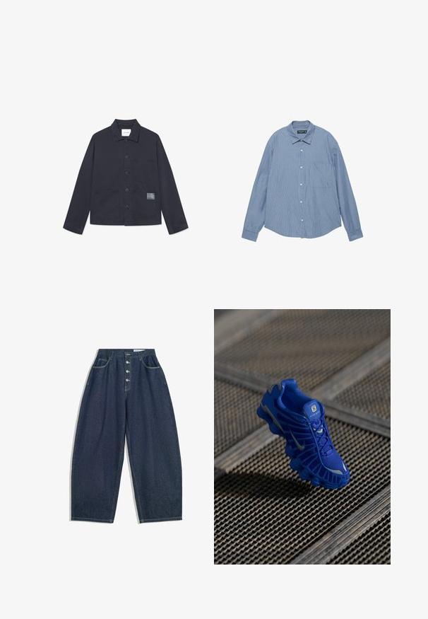 Marineblauwe katoenen jas met kraag, sluiting met knopen aan de voorkant, twee grote zakken en een geweven patchdetail op de linkerkzak.; Blauw overhemd met lange mouwen, witte verticale strepen en een borstzak, plat neergelegd met kraag en manchetten zichtbaar.; Donkerblauwe denim brede broek met een hoge taille, vijfknopen sluiting en vijf zakken. Heeft stiksels op de naden.; Blauwe sportschoen met een bovenwerk van mesh, een gestructureerd ontwerp en een opvallende zool met duidelijke dempingselementen en reflecterende accenten.