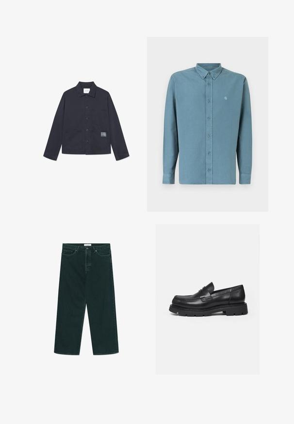 Marineblauwe katoenen jas met kraag, sluiting met knopen aan de voorkant, twee grote zakken en een geweven patchdetail op de linkerkzak.; Lichtblauw overhemd met lange mouwen, een pointed collar en een klein logo op de linkerkant van de borst. Gemaakt van zachte, gladde stof.; Donkergroene spijkerbroek met wijdere pijpen, voorzien van een knoop- en ritsclosure, voorzakken en riemlussen, plat gelegd op een witte achtergrond.; Zwarte leren loafer met dikke geribbelde zool en pennyriemdetail, getoond in rechter zijprofiel op witte achtergrond.
