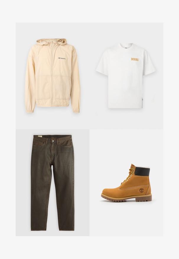 Beige Columbia lichtgewicht jas met capuchon, ritssluiting aan de voorkant, twee zakken en elastische manchetten, afgebeeld tegen een witte achtergrond.; Wit T-shirt met korte mouwen en ronde hals, met een klein oranje "DICKIES" logo op de linkerborst.; Donkergroene denim jeans met een rechte snit, voorzien van koperen stiksels, een klassiek vijfzakdesign en een knoopsluiting.; Bruine leren enkellaars met metalen oogjes, witte faux bont voering, zwarte gewatteerde kraag, robuuste zool en een reliëflogo aan de zijkant.